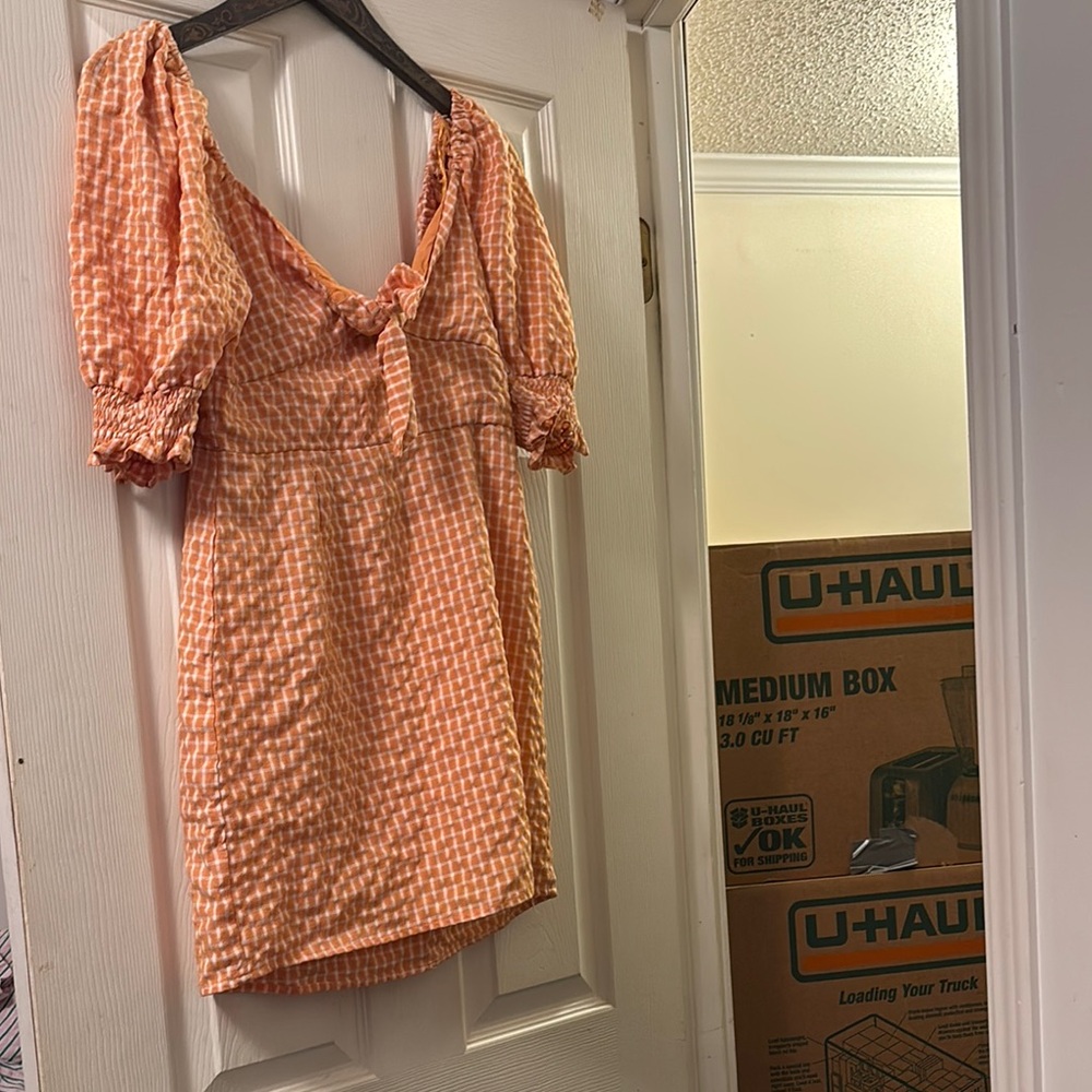 Orange Gingham Puff Sleeve Dress